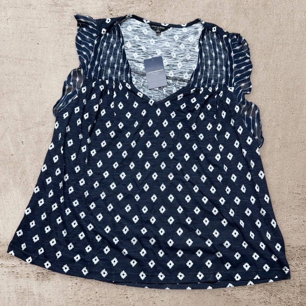 NWT Lucky Brand Navy Ikat Flutter Sleeve Top - Size S